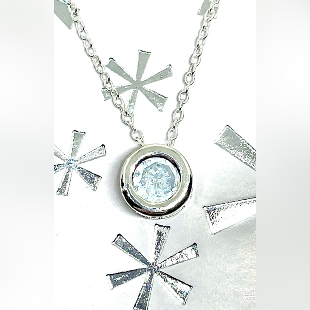 Clear Crystal Round Stone Bezel Set Silver Tone Pendant Chain Necklace NWT Gift